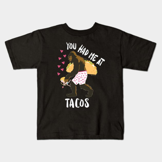 You Had Me At Tacos Bigfoot Cupid Hearts Kids T-Shirt by Rosemarie Guieb Designs